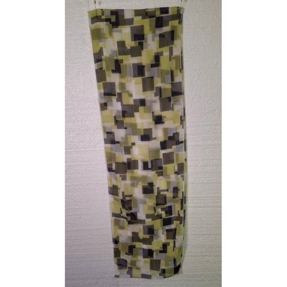 Geometric Block Print Scarf Green Grey Abstract Sheer Lightweight Wrap Scarf